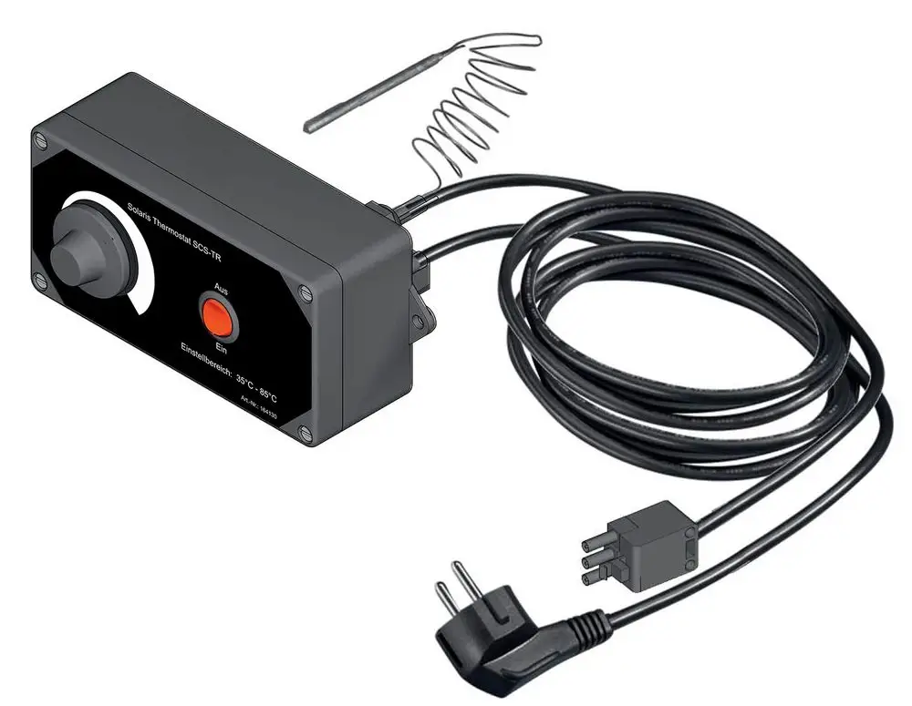 Daikin Thermostatregler mit Einstellknopf, rotem Schalter und Temperatursensor. Ausgestattet mit einem Anschlusskabel und einem vierpoligen Stecker.